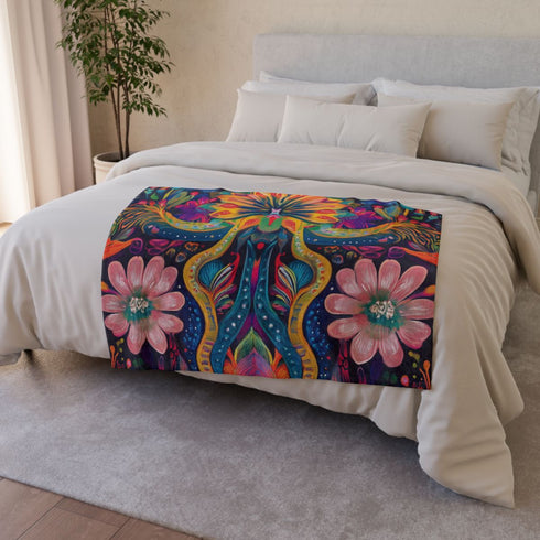 Psychedelic Ayahuasca Pattern — Plush Fleece Throw Blanket — Draped Over Sofa & Bed Lifestyle View