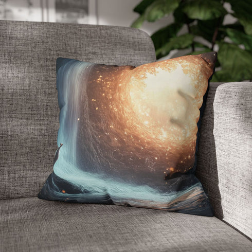 Quantum Fox Behind Waterfall Portal — 40×40 Cushion Cover — Double-Sided Back & Concealed Zip Detail