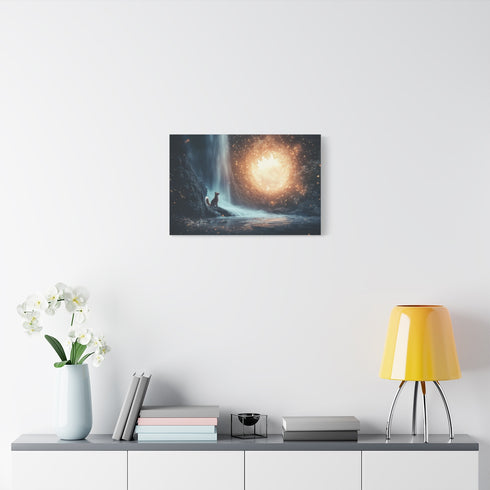 Quantum Fox Behind Waterfall Portal (Edition III) — Stretched Canvas Wall Art — Living Room Wall Lifestyle View