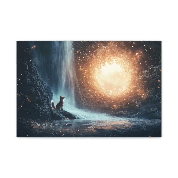 Quantum Fox Behind Waterfall Portal (Edition III) — Stretched Canvas Wall Art — Front Gallery-Wrapped Canvas View