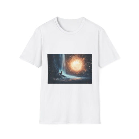 Quantum Fox Behind Waterfall Portal Graphic Unisex Softstyle T-Shirt - Front View