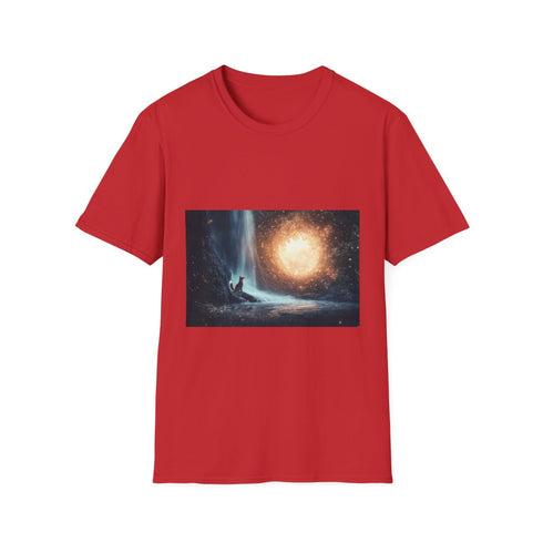 Quantum Fox Behind Waterfall Portal Graphic Unisex Softstyle T-Shirt - Red Variant
