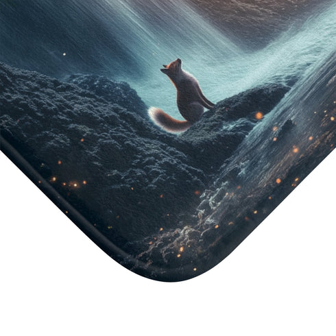 Quantum Fox Behind Waterfall Portal — Memory Foam Bath Mat — Microfibre Texture Close-Up View