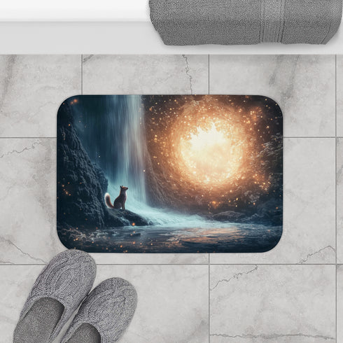 Quantum Fox Behind Waterfall Portal — Memory Foam Bath Mat — Modern Bathroom Floor Lifestyle View