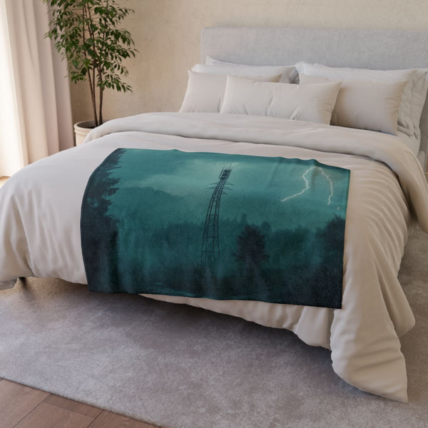 Radio Tower Channeling Lightning Storm (Edition II) — Plush Fleece Throw Blanket — Drape over Sofa & Bed Lifestyle View