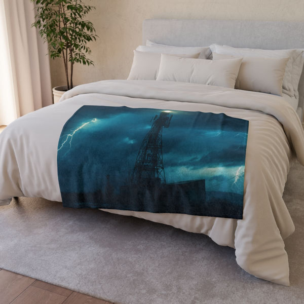 Radio Tower Channeling Lightning Storm (Edition III) — Plush Fleece Throw Blanket — Drape over Sofa & Bed Lifestyle View