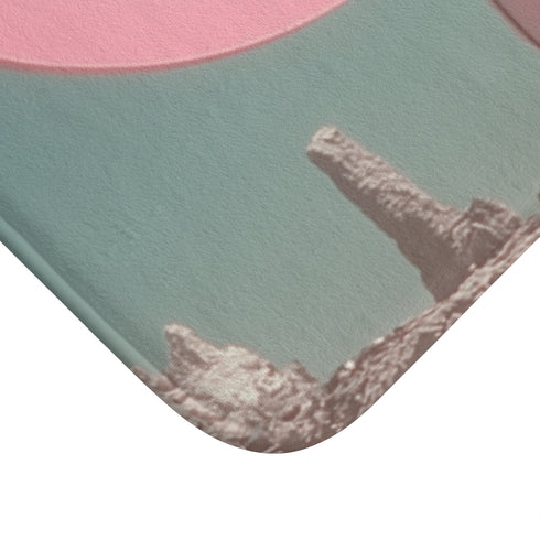 1980s Retro Synthwave Sci-Fi Horizon — Non-Slip Bath Mat — Cushioned Memory Foam & Non-Slip Backing Detail