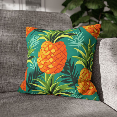 Tropical Golden Pineapple Pattern — Faux Suede Cushion Cover — Sofa & Living Room Lifestyle View