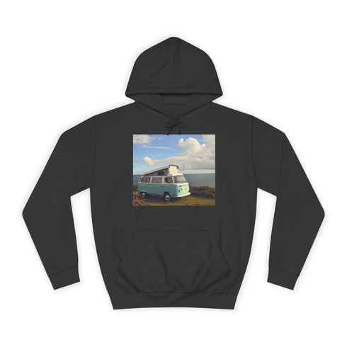 Retro Camper Van Blue Seaside — Heavyweight Graphic Hoodie — Front Heavyweight Fleece Hoodie View