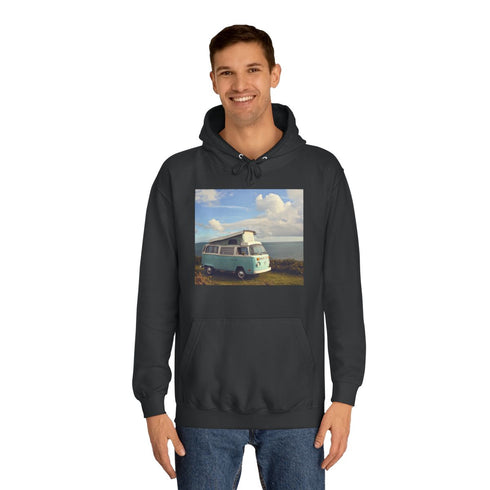 Retro Camper Van Blue Seaside — Heavyweight Graphic Hoodie — Model Streetwear Fit View
