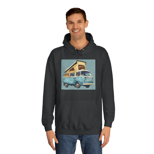 Retro Camper Van Light Blue — Heavyweight Graphic Hoodie — Model Streetwear Fit View
