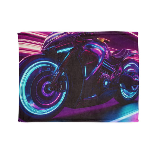 Retro Motorcycle with Neon Trail (Edition III) — Plush Fleece Throw Blanket — Full Spread Plush Fleece Artwork View