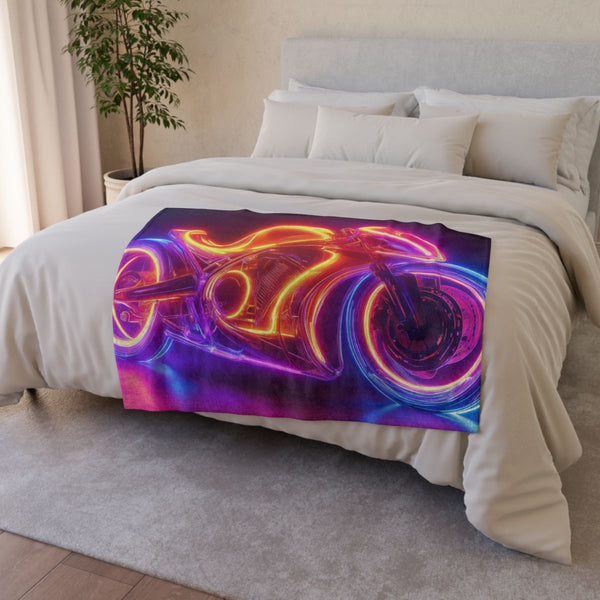 Retro Motorcycle with Neon Trail — Plush Fleece Throw Blanket — Drape over Sofa & Bed Lifestyle View