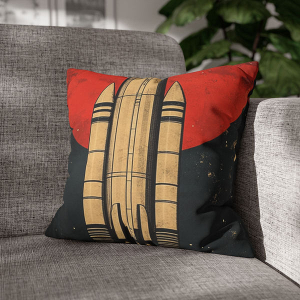 Retro Propaganda Poster for Space Travel in a Japane — Double-Sided Cushion Cover — Sofa & Armchair Living Room Lifestyle View