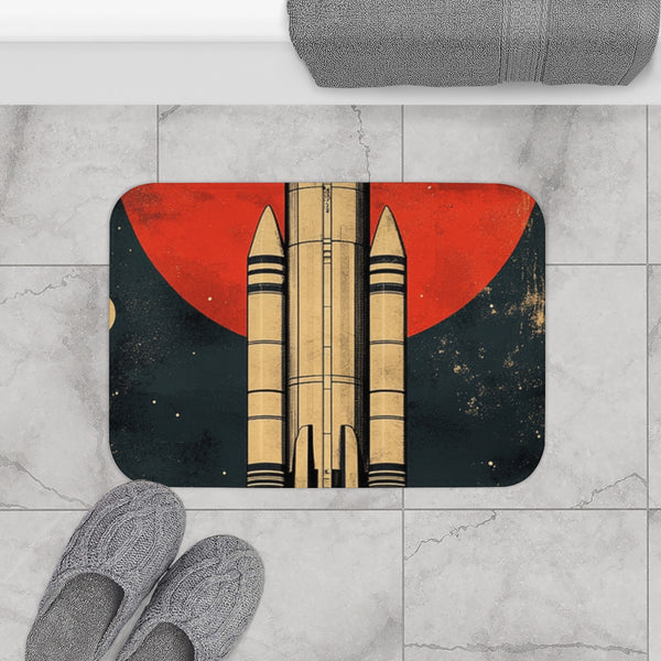 Retro Propaganda Poster for Space Travel in a Japane — Memory Foam Bath Mat — Modern Bathroom Floor Lifestyle View