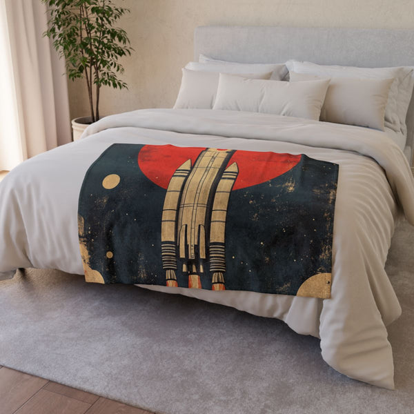 Retro Propaganda Poster for Space Travel in a Japane — 50×60 Plush Throw Blanket — Draped Over Sofa & Bed Lifestyle View