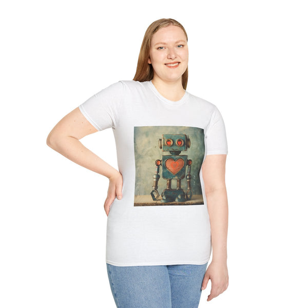 Retro Robot with Heart Symbol — Graphic Cotton T-Shirt — Model Streetwear Fit View