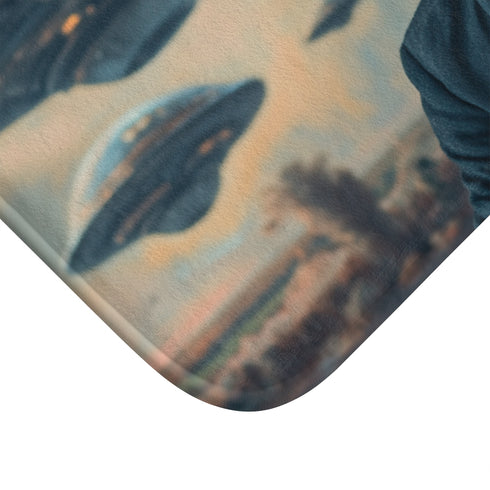Retro UFO Invasion over Countryside (Edition II) — 61×43 Memory Foam Bath Mat — Cushioned Memory Foam & Microfibre Close-Up