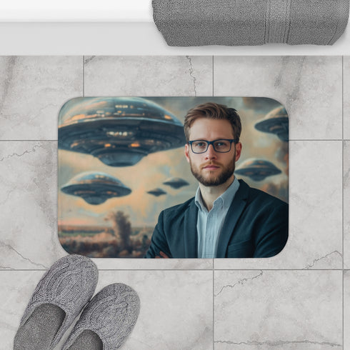 Retro UFO Invasion over Countryside (Edition II) — 61×43 Memory Foam Bath Mat — Modern Bathroom Floor Lifestyle View