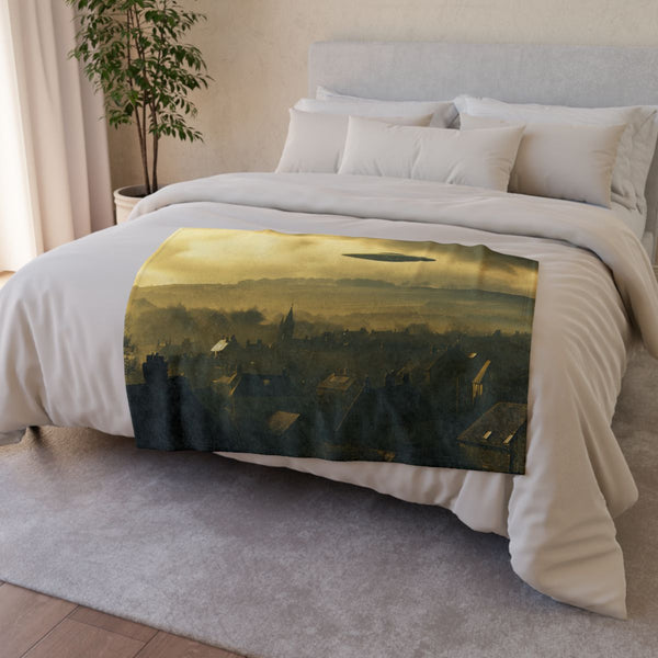 Retro UFO Invasion over Countryside (Edition II) — 50×60 Plush Throw Blanket — Draped Over Sofa & Bed Lifestyle View