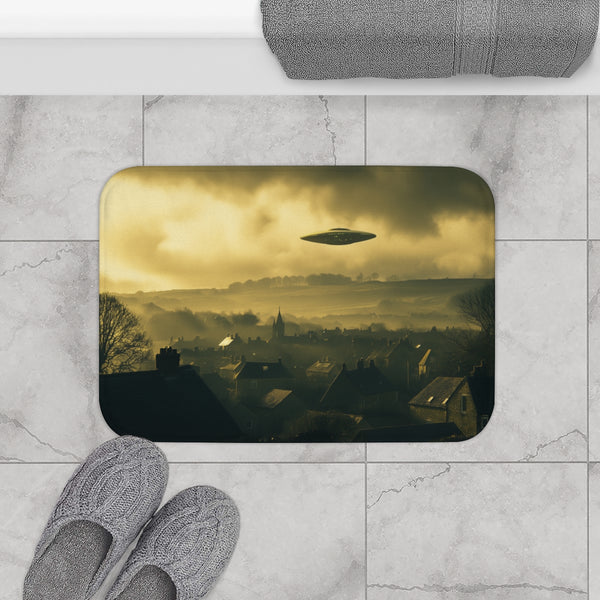 Retro UFO Invasion over Countryside (Edition III) — 61×43 Memory Foam Bath Mat — Modern Bathroom Floor Lifestyle View