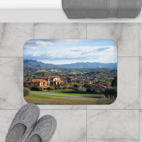 Retro UFO Invasion over Countryside (Edition IV) — 61×43 Memory Foam Bath Mat — Modern Bathroom Floor Lifestyle View