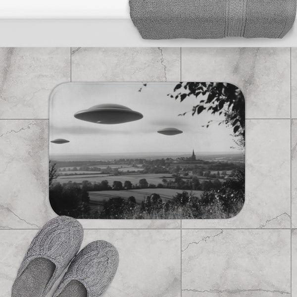 Retro UFO Invasion over Countryside — 61×43 Memory Foam Bath Mat — Modern Bathroom Floor Lifestyle View