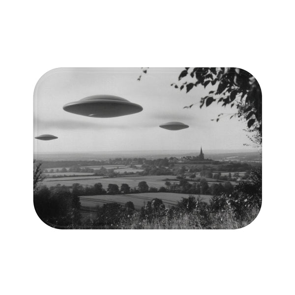 Retro UFO Invasion over Countryside — 61×43 Memory Foam Bath Mat — Top-Down Velvet Microfibre Artwork View