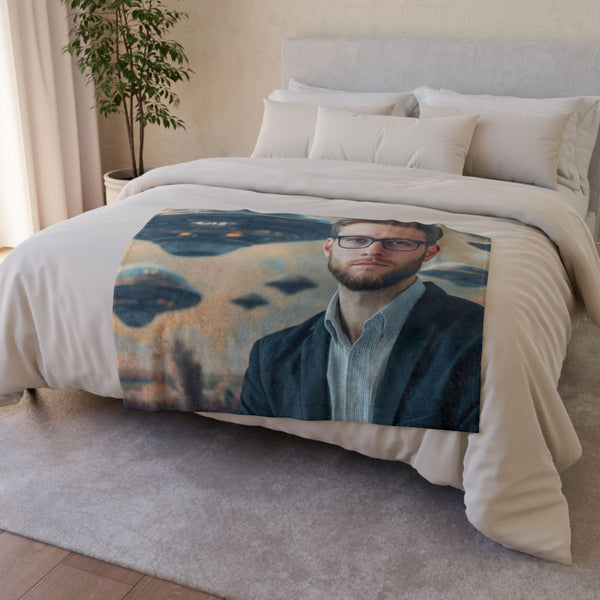 Retro UFO Invasion over Countryside — 50×60 Plush Throw Blanket — Draped Over Sofa & Bed Lifestyle View