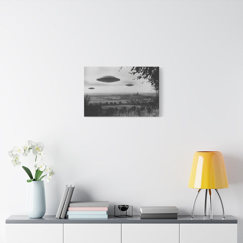 Retro UFO Invasion over Countryside — 24×16 Canvas Wall Art — Living Room Wall Lifestyle View