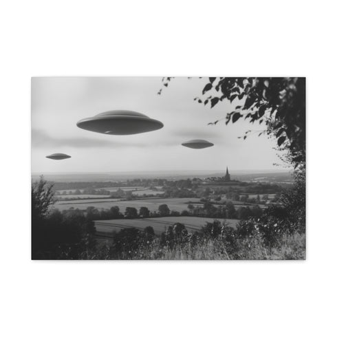 Retro UFO Invasion over Countryside — 24×16 Canvas Wall Art — Front Gallery-Wrapped Canvas View