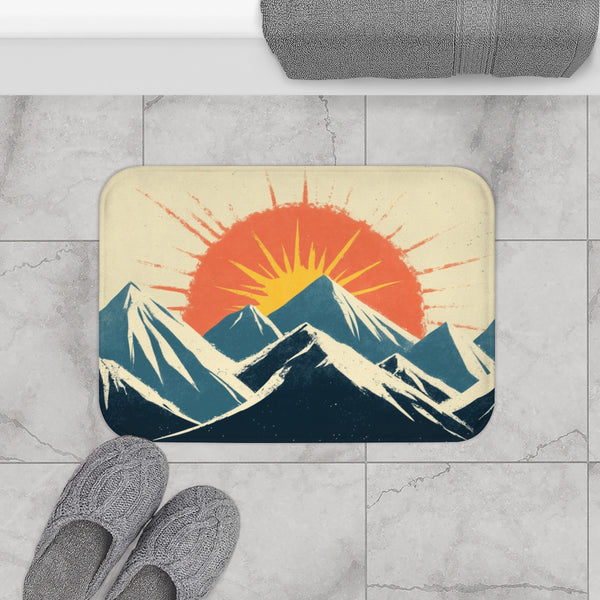Retro Wave Mountains with Glowing Sun (Edition II) — Memory Foam Bath Mat — Modern Bathroom Floor Lifestyle View