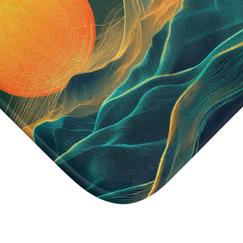 Retro Wave Mountains with Glowing Sun — 61×43 Memory Foam Bath Mat — Cushioned Memory Foam & Microfibre Close-Up