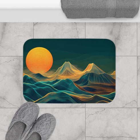 Retro Wave Mountains with Glowing Sun (Edition III) — 61×43 Memory Foam Bath Mat — Modern Bathroom Floor Lifestyle View