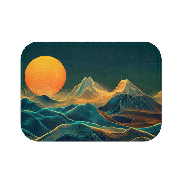 Retro Wave Mountains with Glowing Sun (Edition III) — 61×43 Memory Foam Bath Mat — Top-Down Velvet Microfibre Artwork View