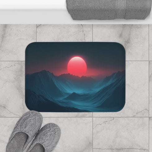 Retro Wave Mountains with Glowing Sun (Edition IV) — 61×43 Memory Foam Bath Mat — Modern Bathroom Floor Lifestyle View