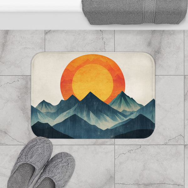 Retro Wave Mountains with Glowing Sun — 61×43 Memory Foam Bath Mat — Modern Bathroom Floor Lifestyle View