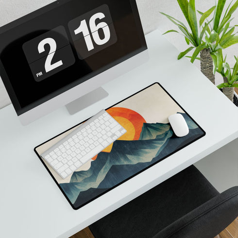 Retro Wave Mountains with Glowing Sun — XXL Gaming Desk Mat — Gaming & Workspace Desk Setup View
