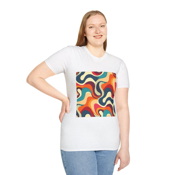 Retro 70s Ocean Waves Seamless Pattern — Graphic Cotton T-Shirt — Model Streetwear Fit View