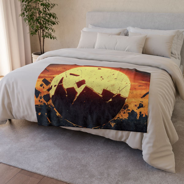 Rising Sun Behind Shattered Planet — Plush Fleece Throw Blanket — Drape over Sofa & Bed Lifestyle View