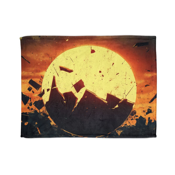 Rising Sun Behind Shattered Planet — Plush Fleece Throw Blanket — Full Spread Plush Fleece Artwork View
