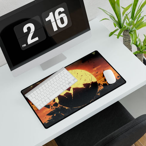 Rising Sun Behind Shattered Planet — XXL Gaming Desk Mat — Gaming & Workspace Desk Setup View