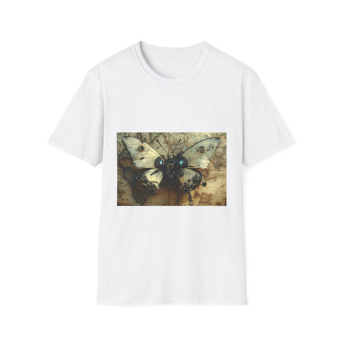 Robot Butterfly Over Ancient Map Graphic Unisex Softstyle T-Shirt - Front View