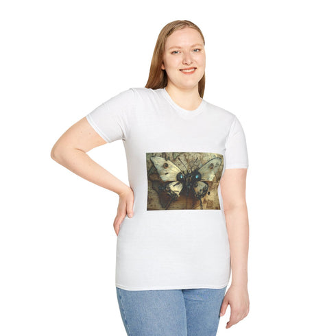Robot Butterfly Over Ancient Map Graphic Unisex Softstyle T-Shirt - Model View