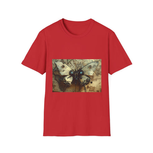 Robot Butterfly Over Ancient Map Graphic Unisex Softstyle T-Shirt - Red Variant