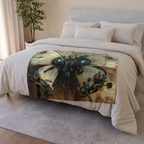 Robot Butterfly Over Ancient Map — Plush Fleece Throw Blanket — Drape over Sofa & Bed Lifestyle View