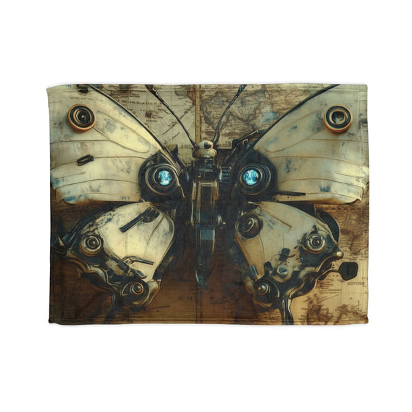 Robot Butterfly Over Ancient Map — Plush Fleece Throw Blanket — Full Spread Plush Fleece Artwork View