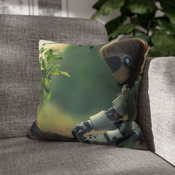 Robot Child Planting Real Tree — Double-Sided Cushion Cover — Sofa & Armchair Living Room Lifestyle View