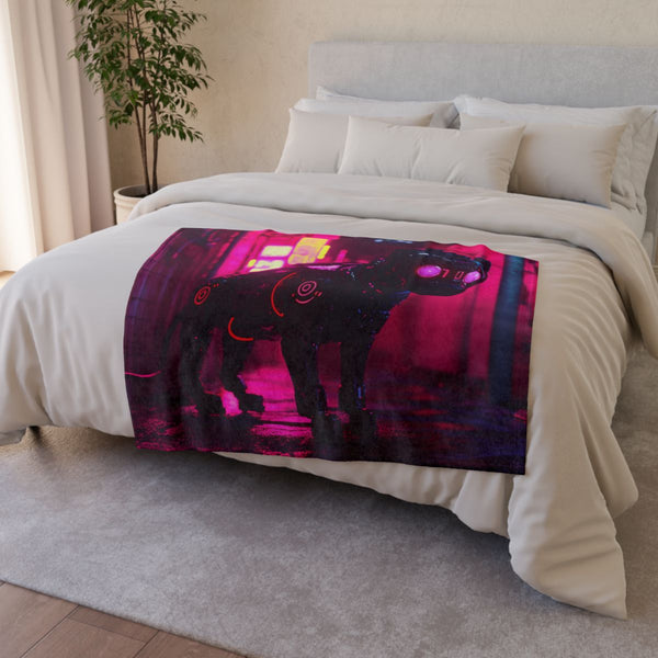 Robot Dog in Neon Lit Alley (Edition IV) — Plush Fleece Throw Blanket — Drape over Sofa & Bed Lifestyle View