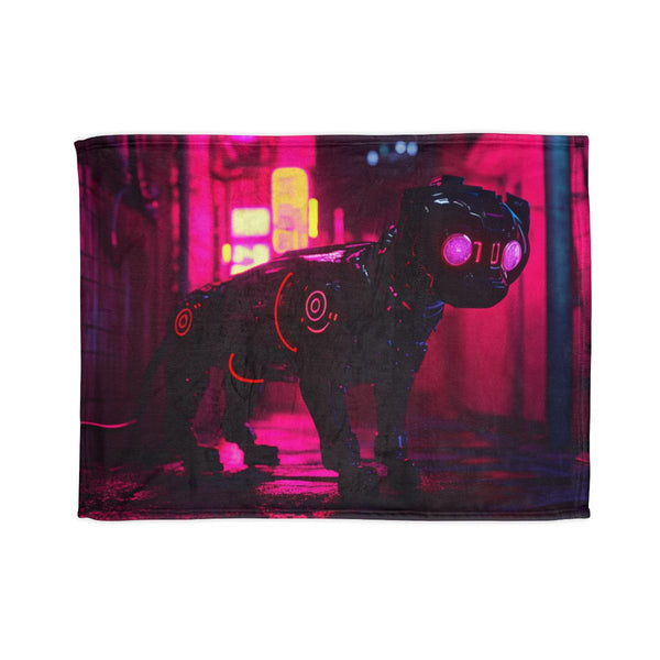 Robot Dog in Neon Lit Alley (Edition IV) — Plush Fleece Throw Blanket — Full Spread Plush Fleece Artwork View